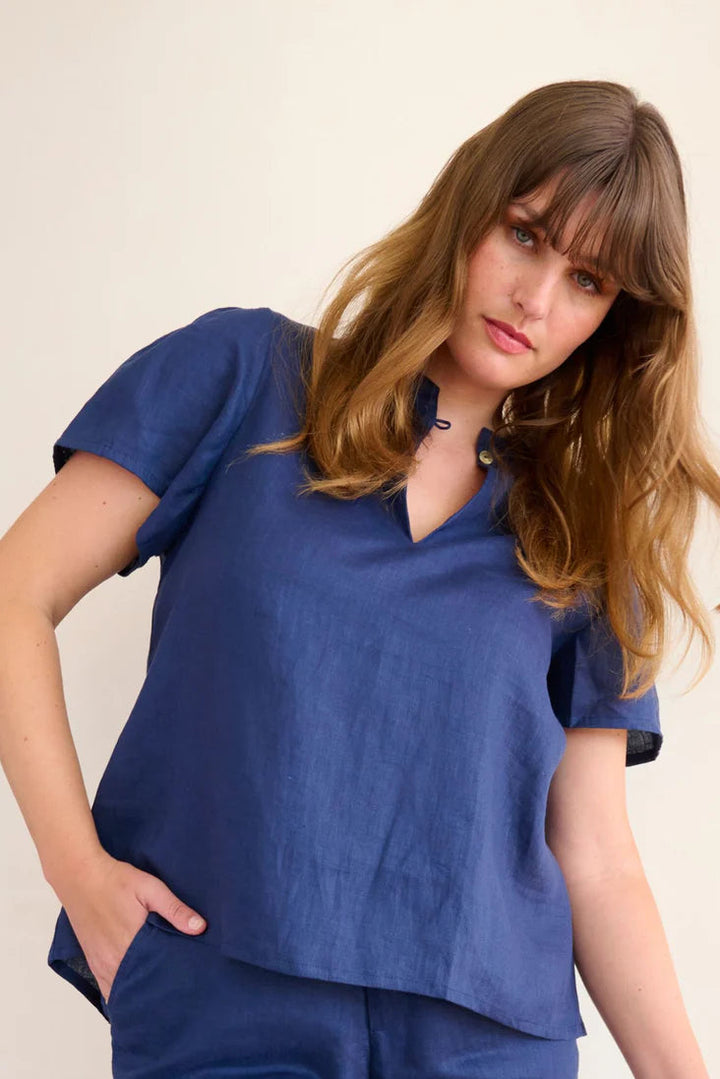 Open Neck Blouse - Lapis Blue