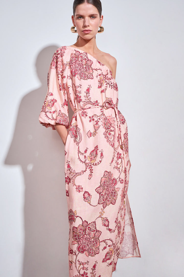 A model wears a light pink one-shoulder maxi dress featuring a prominent dark red floral and paisley pattern, styled with gold hoop earrings against a plain light gray background.