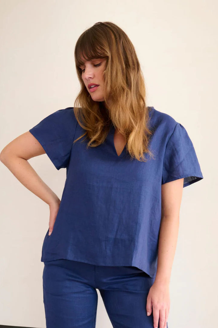 Open Neck Blouse - Lapis Blue
