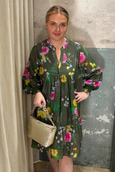 Alessandra Annabelle Dress, floral midi dress in olive colour 
