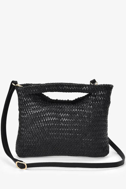 Black woven handbag with a strap on a white background