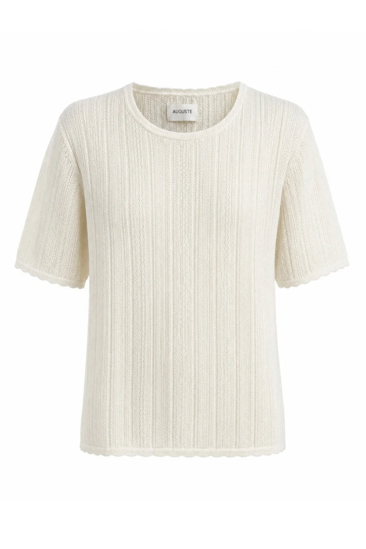 An off-white ribbed short-sleeve knit top with a crew neck and scalloped edges, shown against a plain white background.