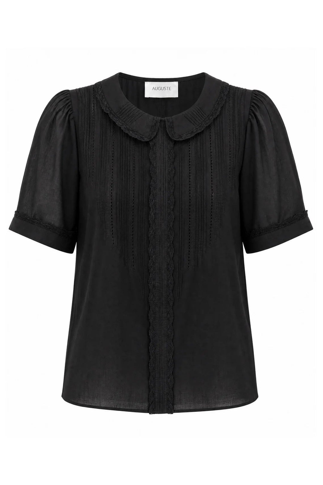 A black short-sleeve blouse with a Peter Pan collar, gathered sleeves, and vertical textured pleats down the front, shown on a plain white background.