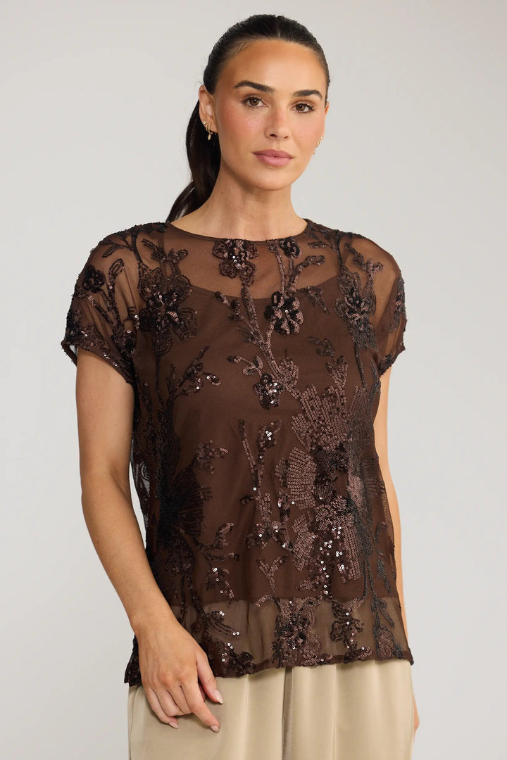 Lavish Sequin Top - Choc Floral