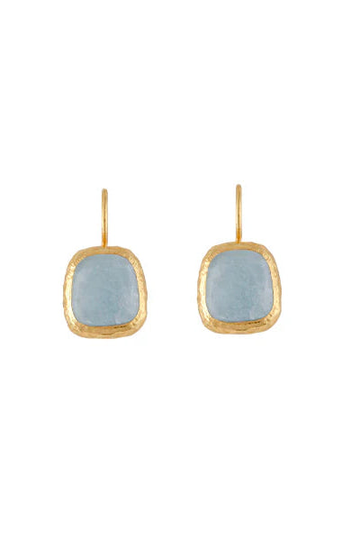 A pair of gold drop earrings with square, rounded bezel-set light blue gemstones on a plain white background.