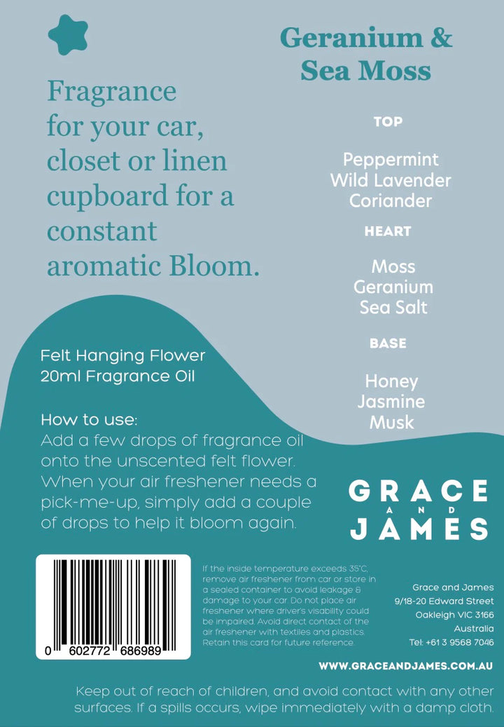Back label of a product packaging for 'Geranium & Sea Moss' fragrance by Grace and James.
