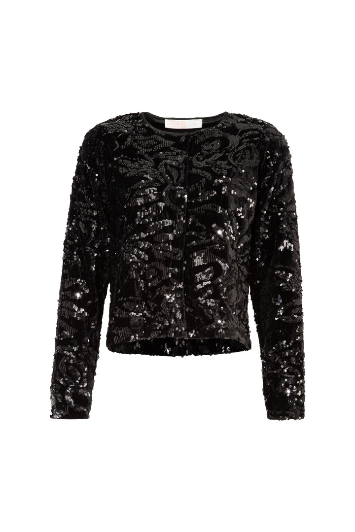 Black sequin jacket on a white background