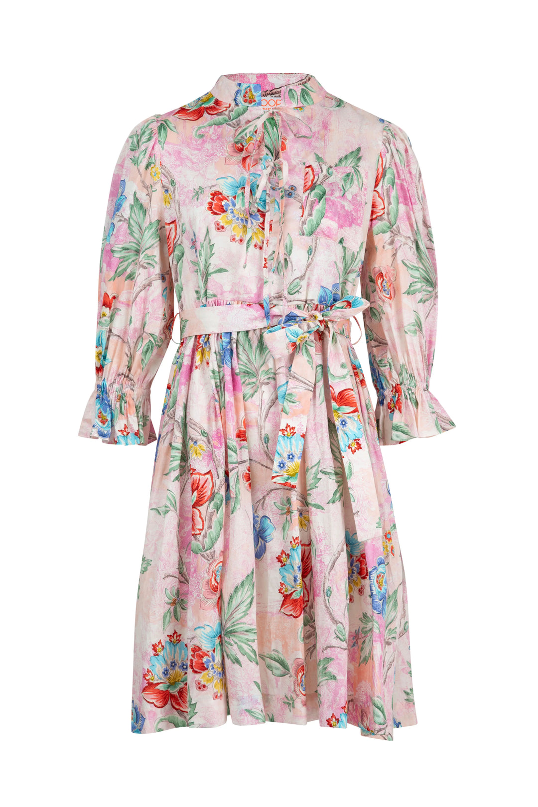 Floral dress with a belt on a white background