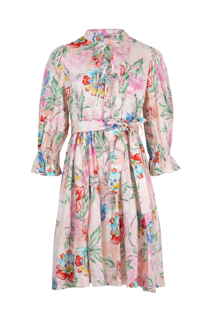 Floral dress with a belt on a white background