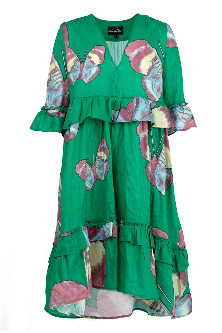 Green dress with colorful butterfly patterns on a white background