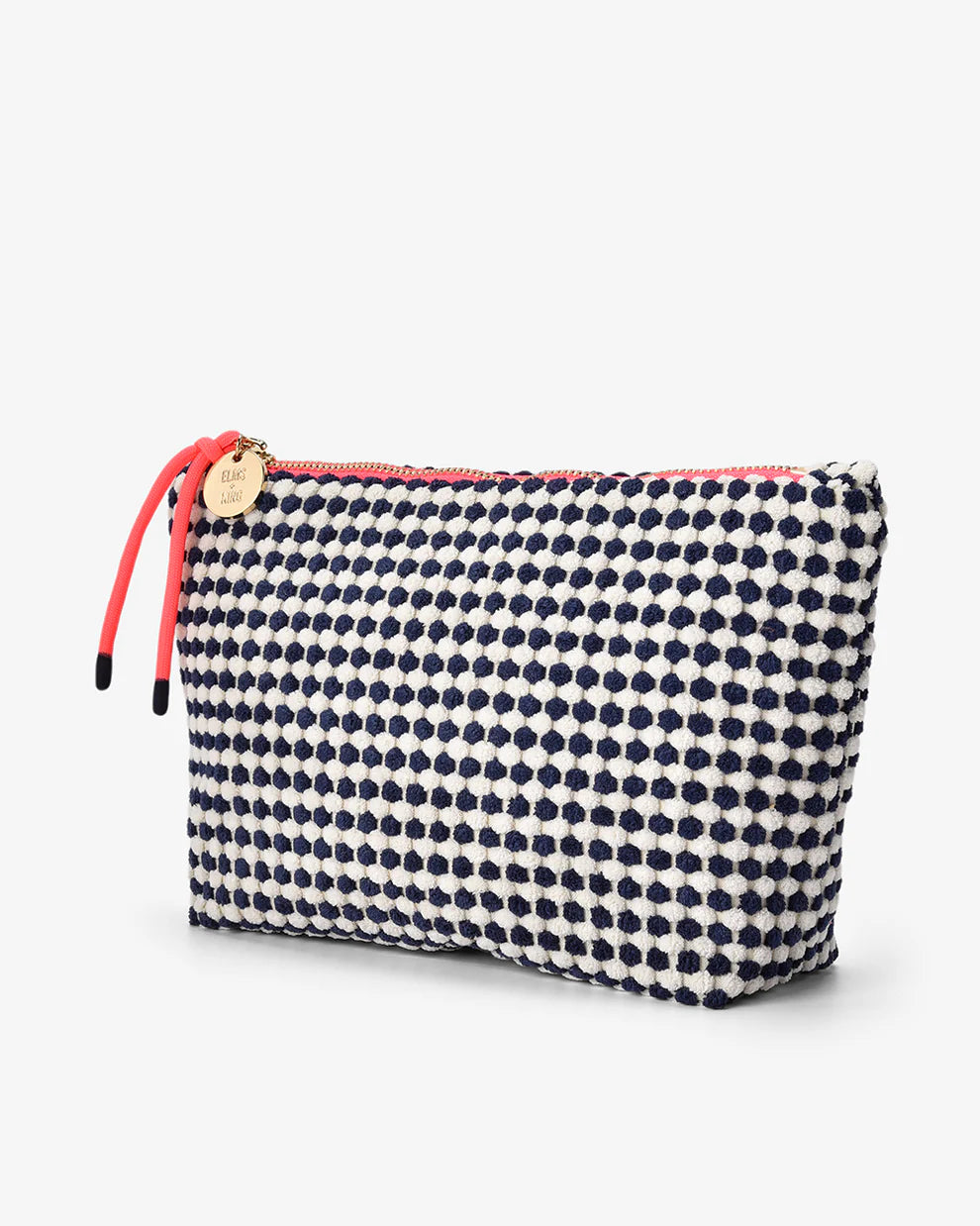 Small pouch with navy blue and white pattern on a white background. Elms & King Napili Large Navy White