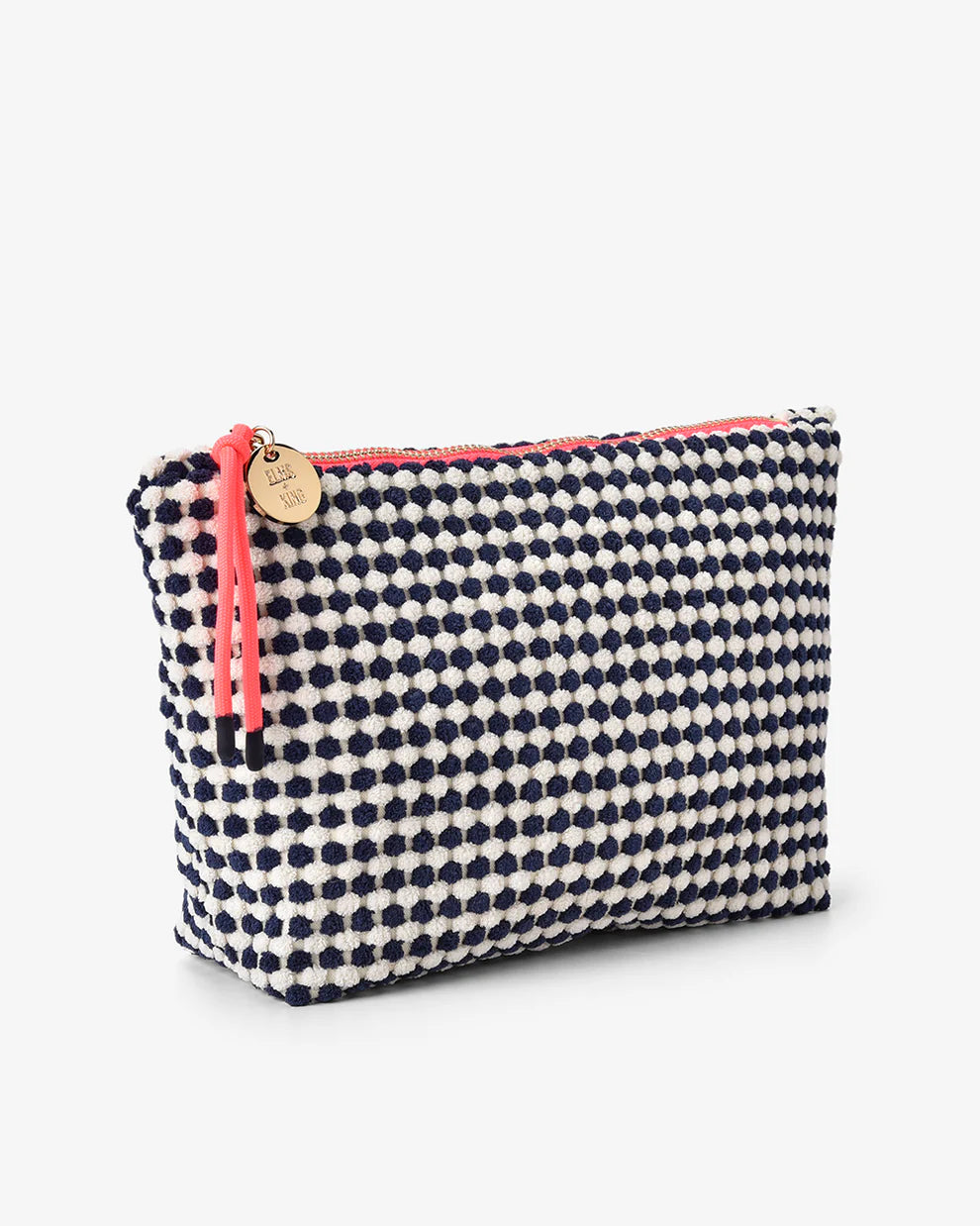 Navy and white checkered pouch with pink zipper on a white background. Elms & King Napili Large Navy White