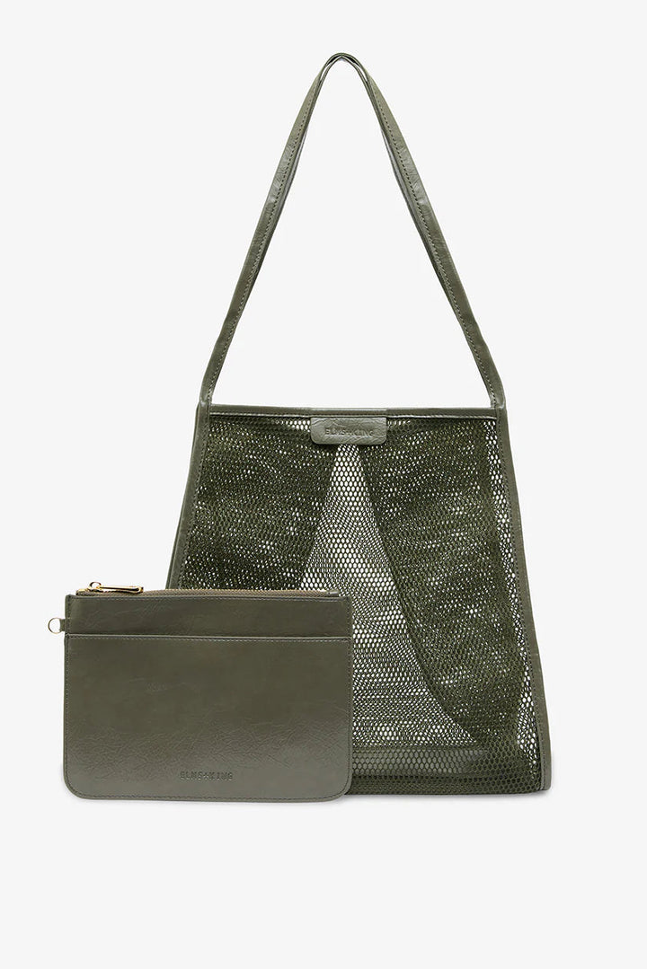 Green mesh tote bag with a matching pouch on a white background