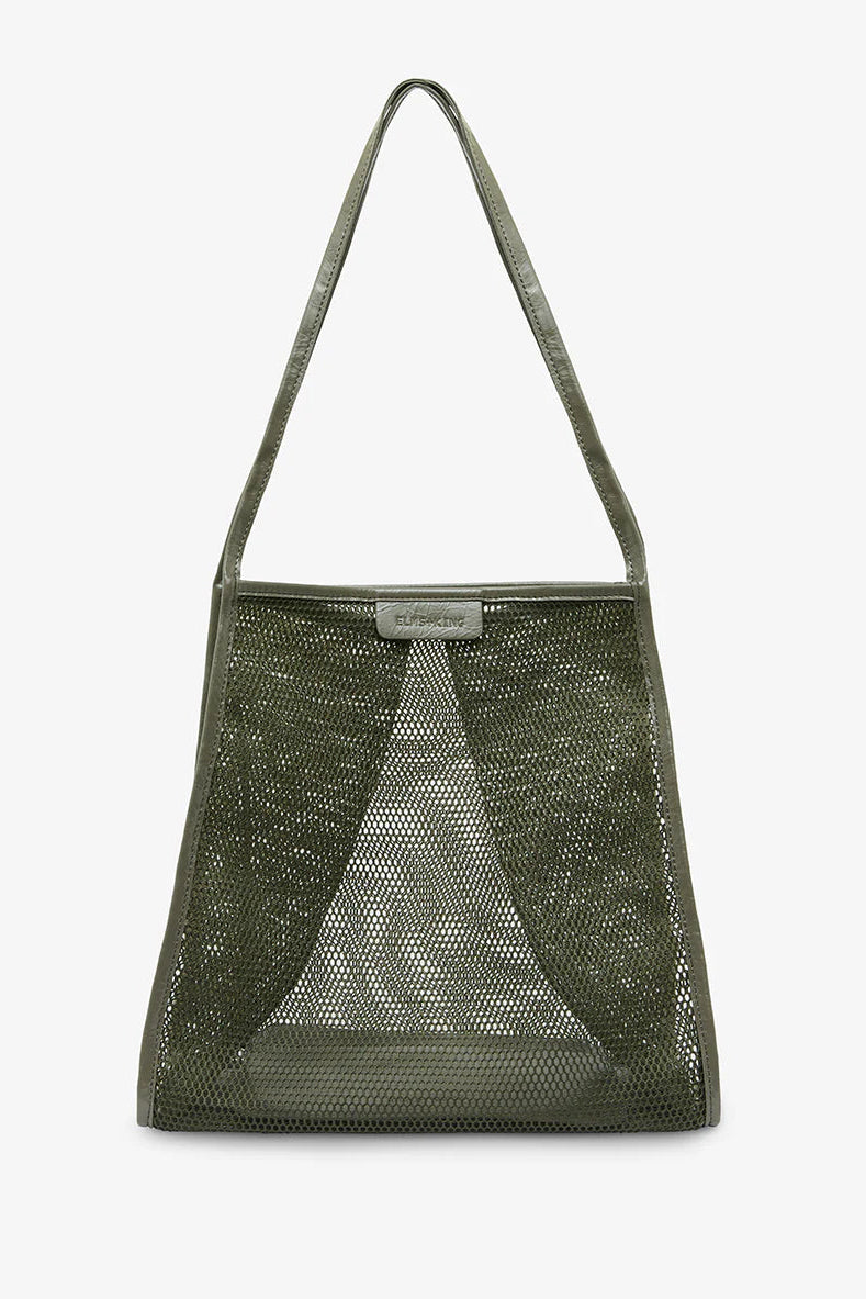 Green mesh handbag on a white background
