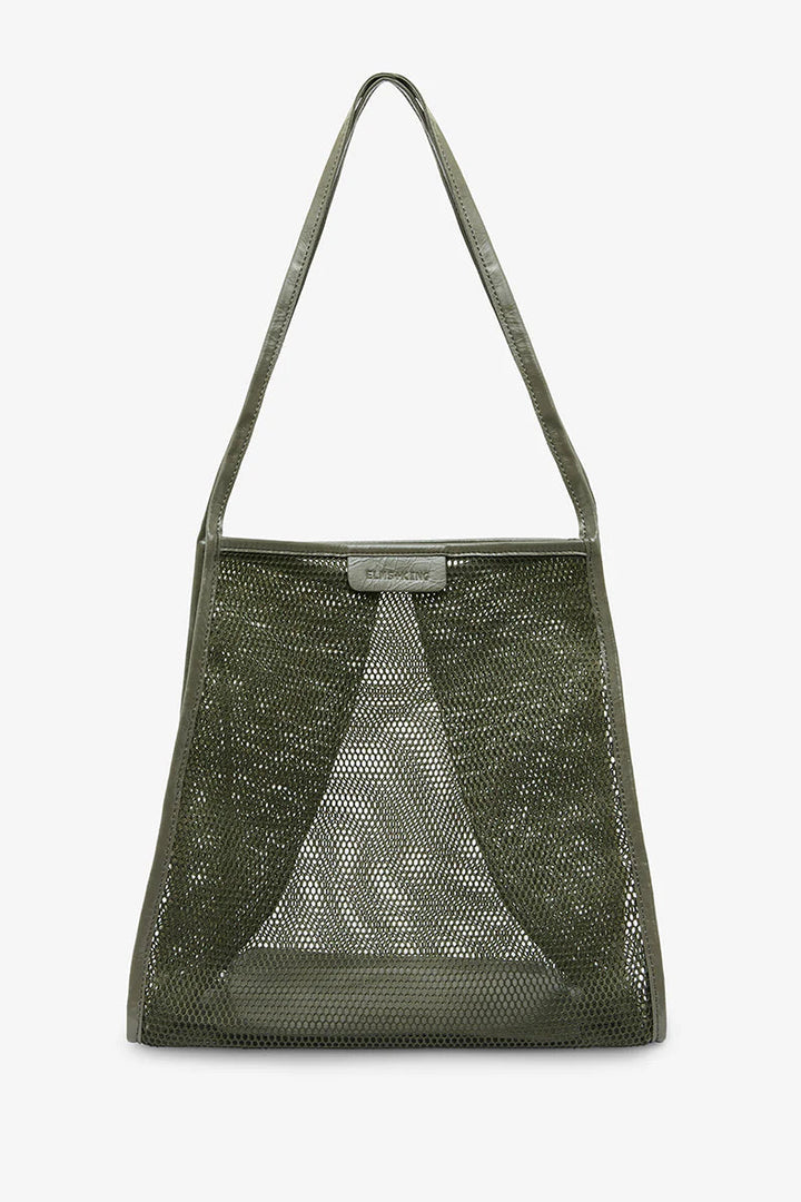 Green mesh handbag on a white background