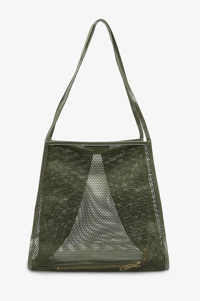 Green mesh handbag on a white background