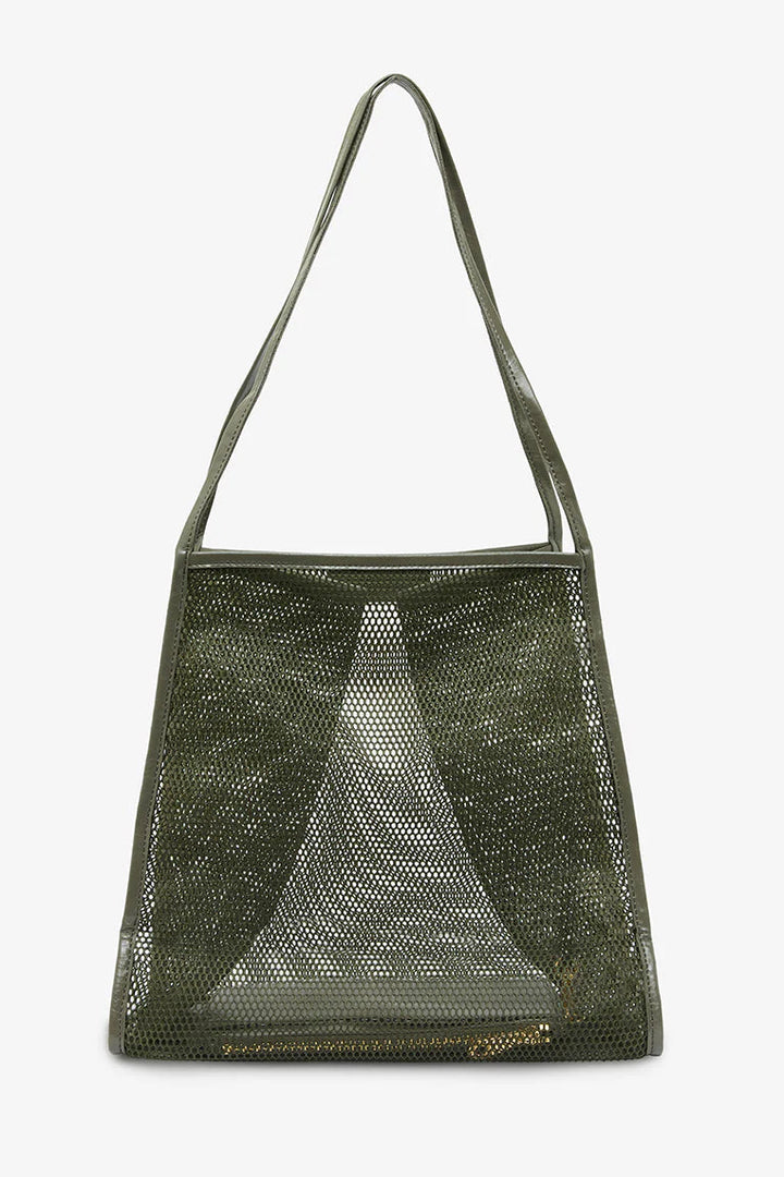 Green mesh handbag on a white background