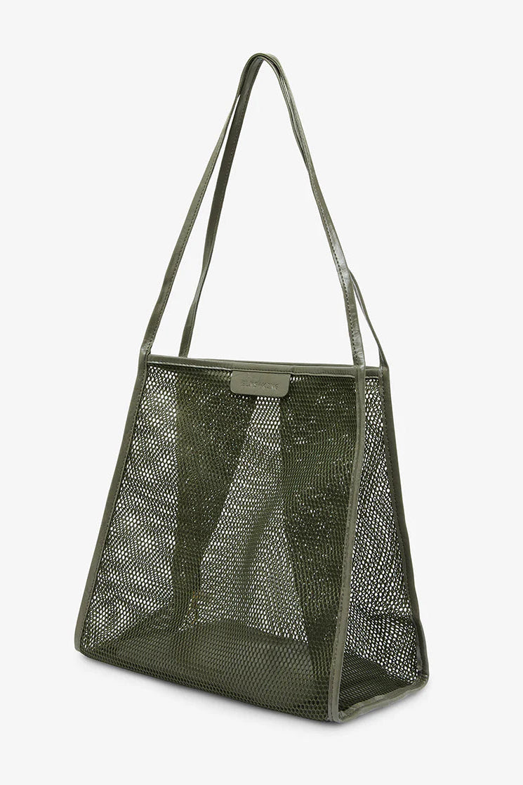 Green mesh tote bag with a handle on a white background