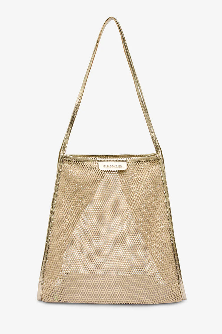 Beige woven handbag on a white background