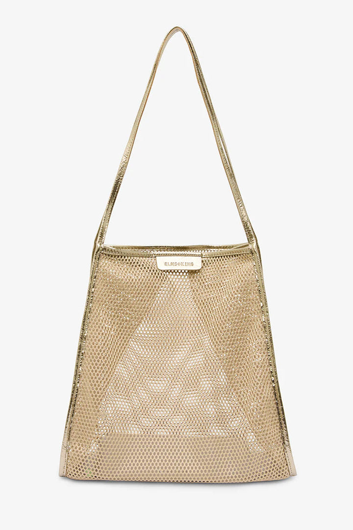 Beige woven handbag on a white background
