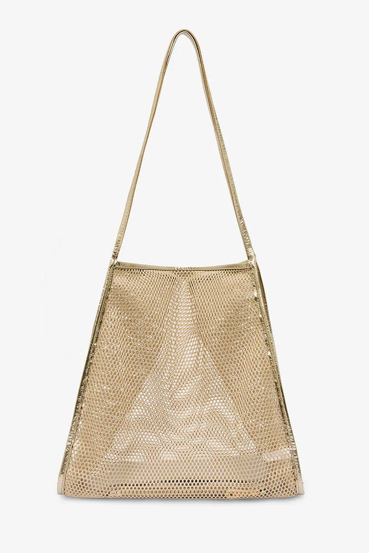 Gold mesh handbag on a white background
