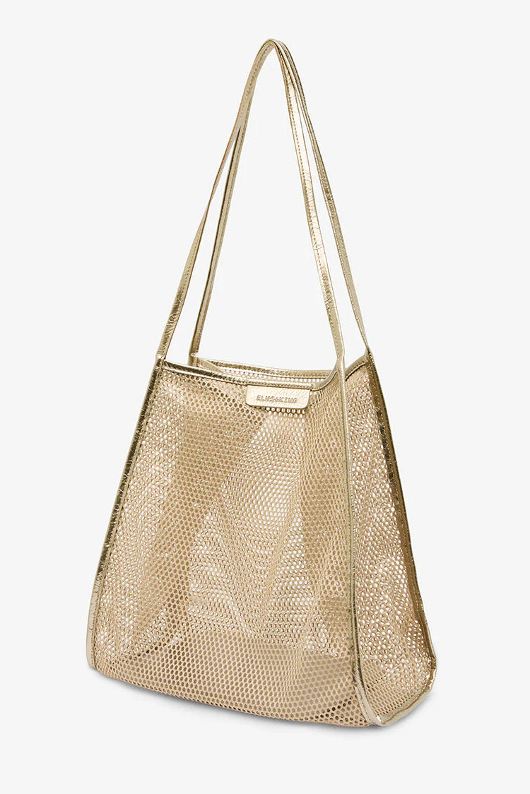 Gold mesh handbag on a light gray background