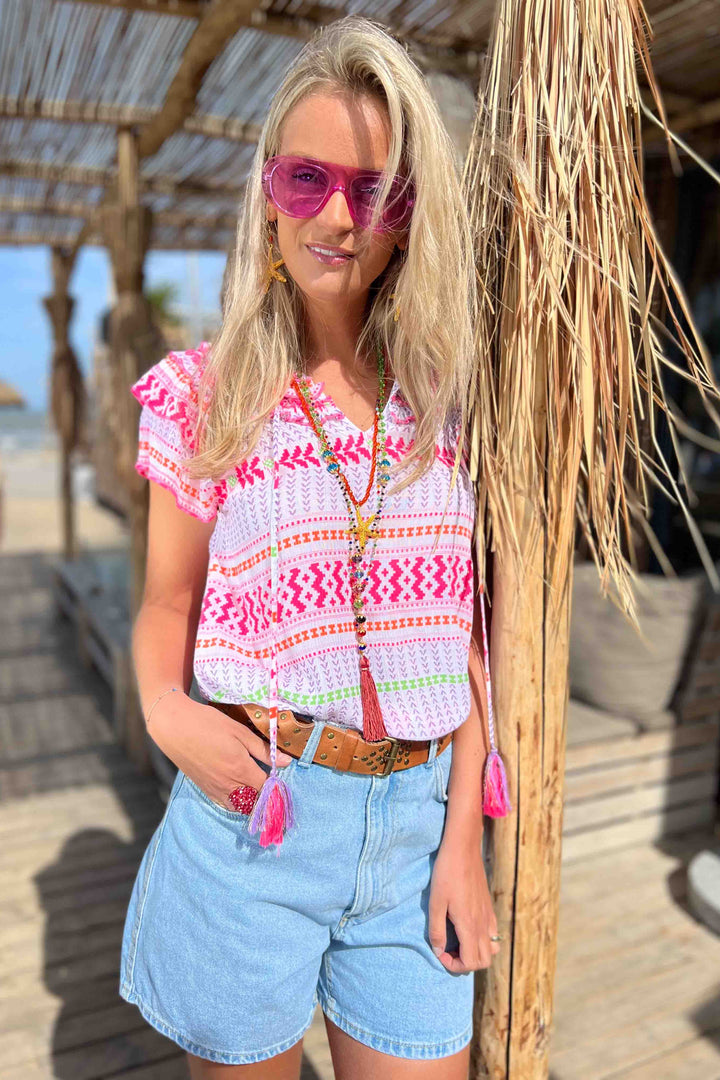 Place Du Soleil Ruffle Collar Blouse - Neon
