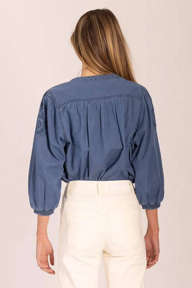 Person wearing a blue blouse and white pants on a plain background