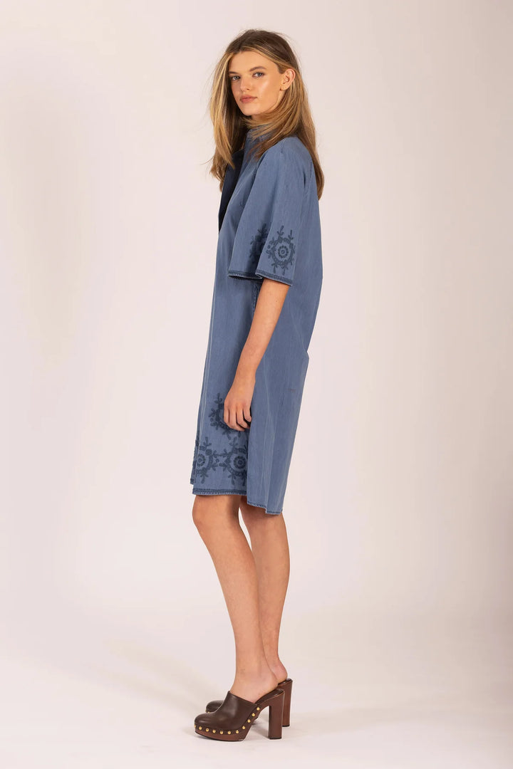 Woman wearing a blue dress with embroidery on a white background