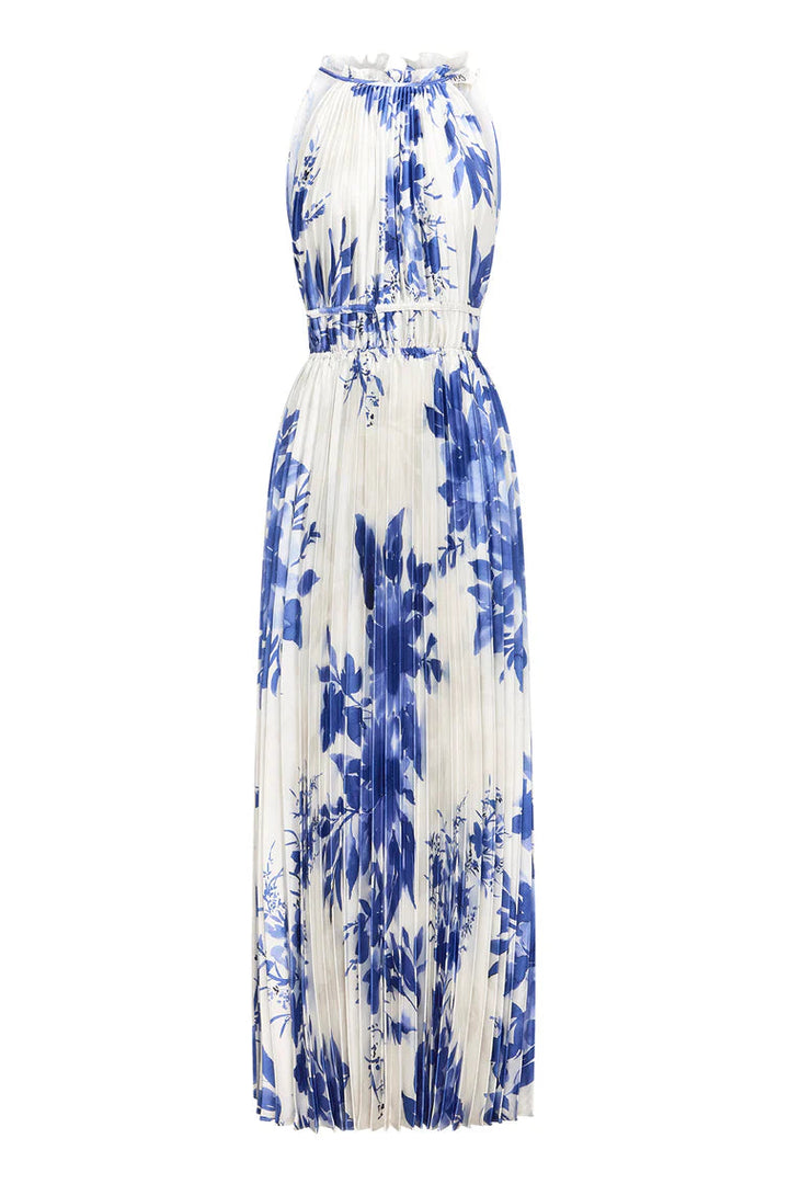 Blue and white floral dress on a white background