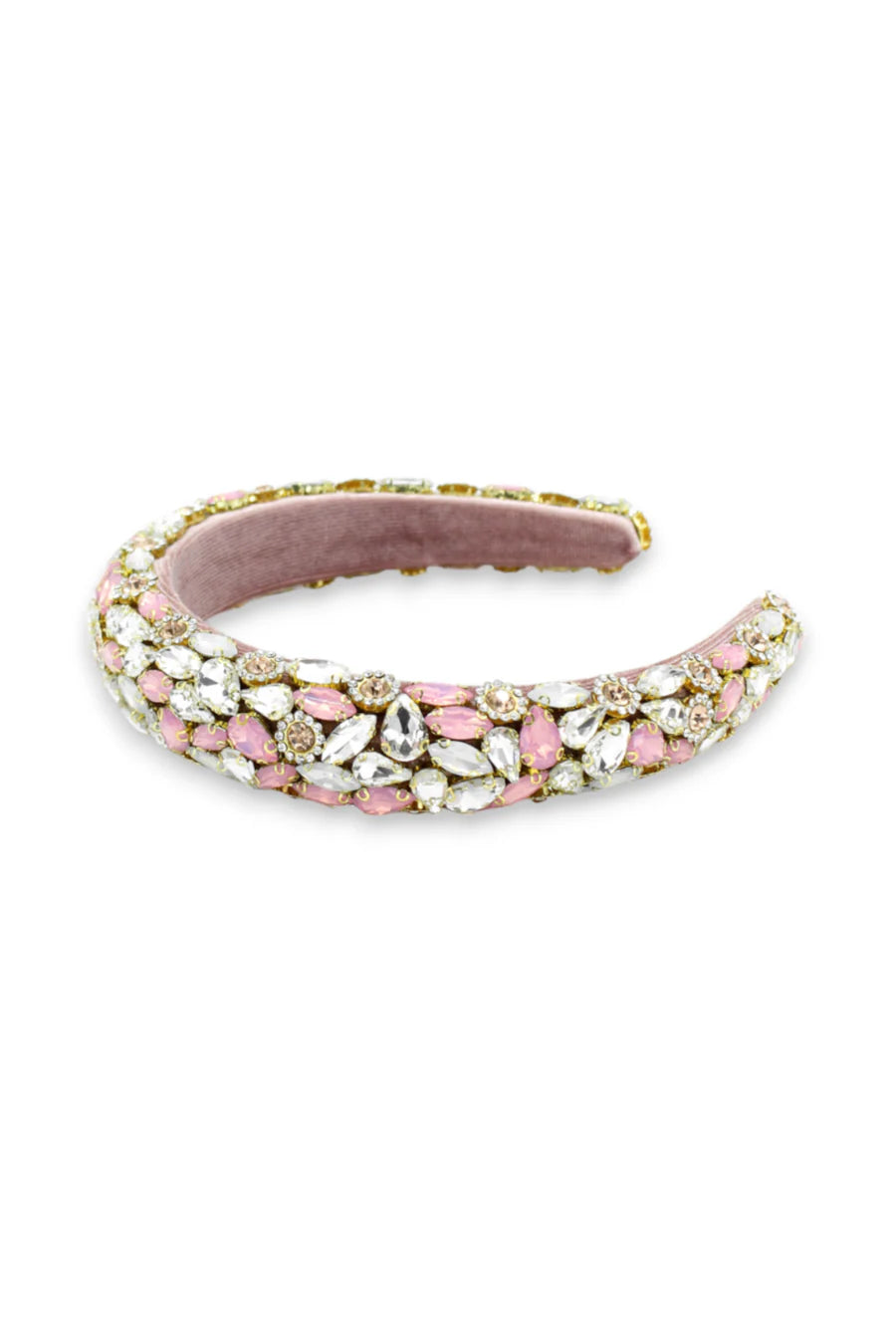 Decorative headband with pink and gold accents on a white background