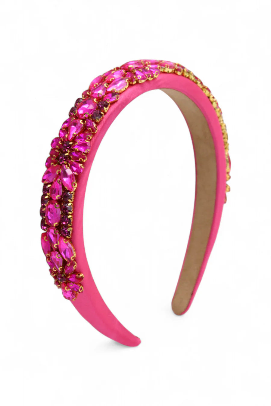 Pink headband with gemstone embellishments on a white background