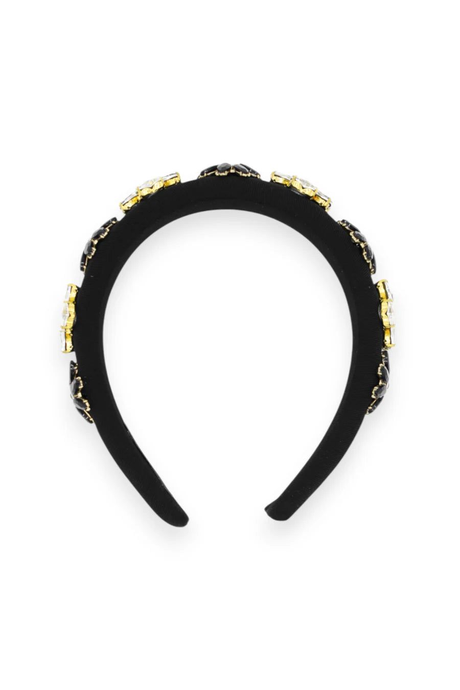 Black headband with gold accents on a white background