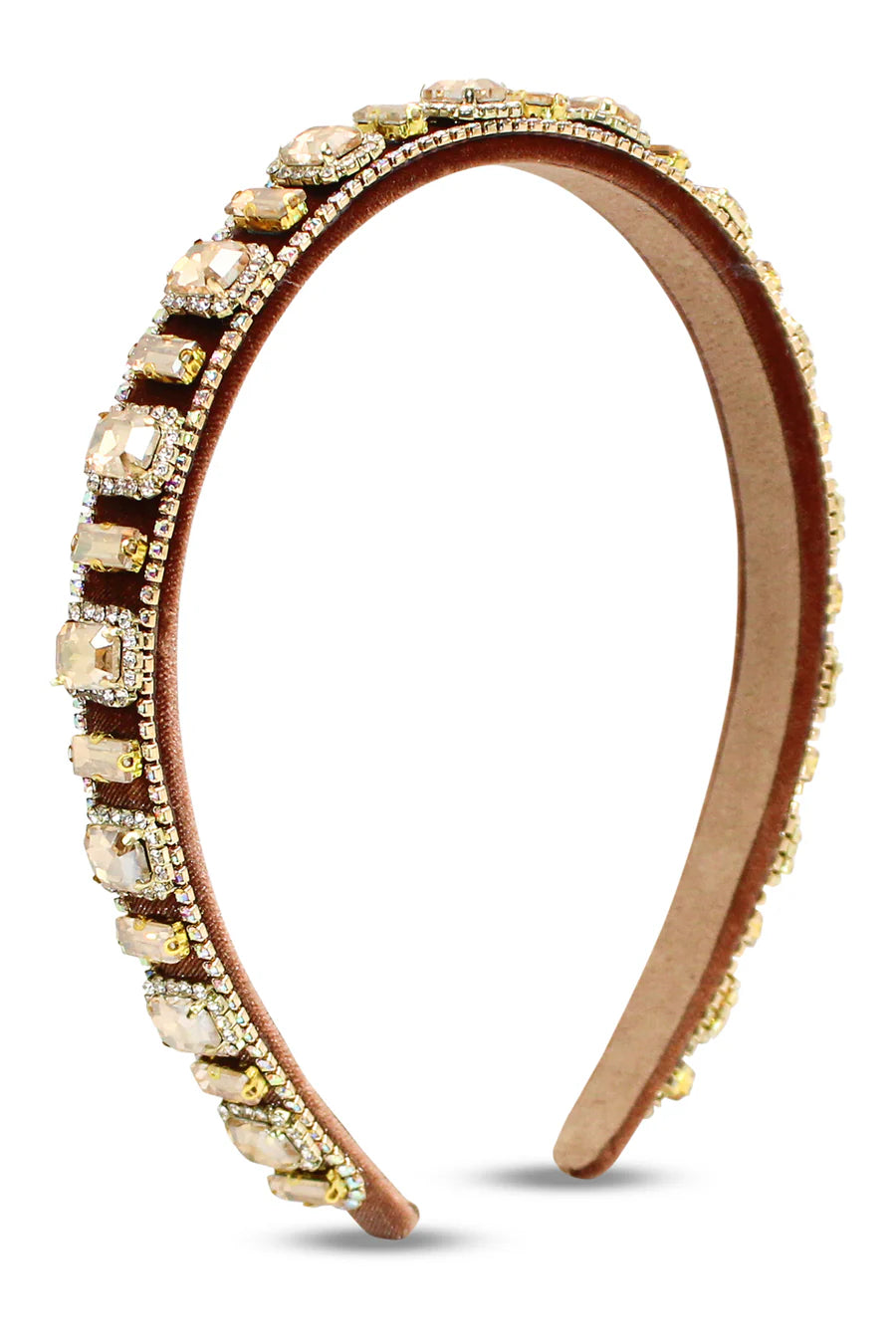 Decorative headband with brown band and gold embellishments on a white background