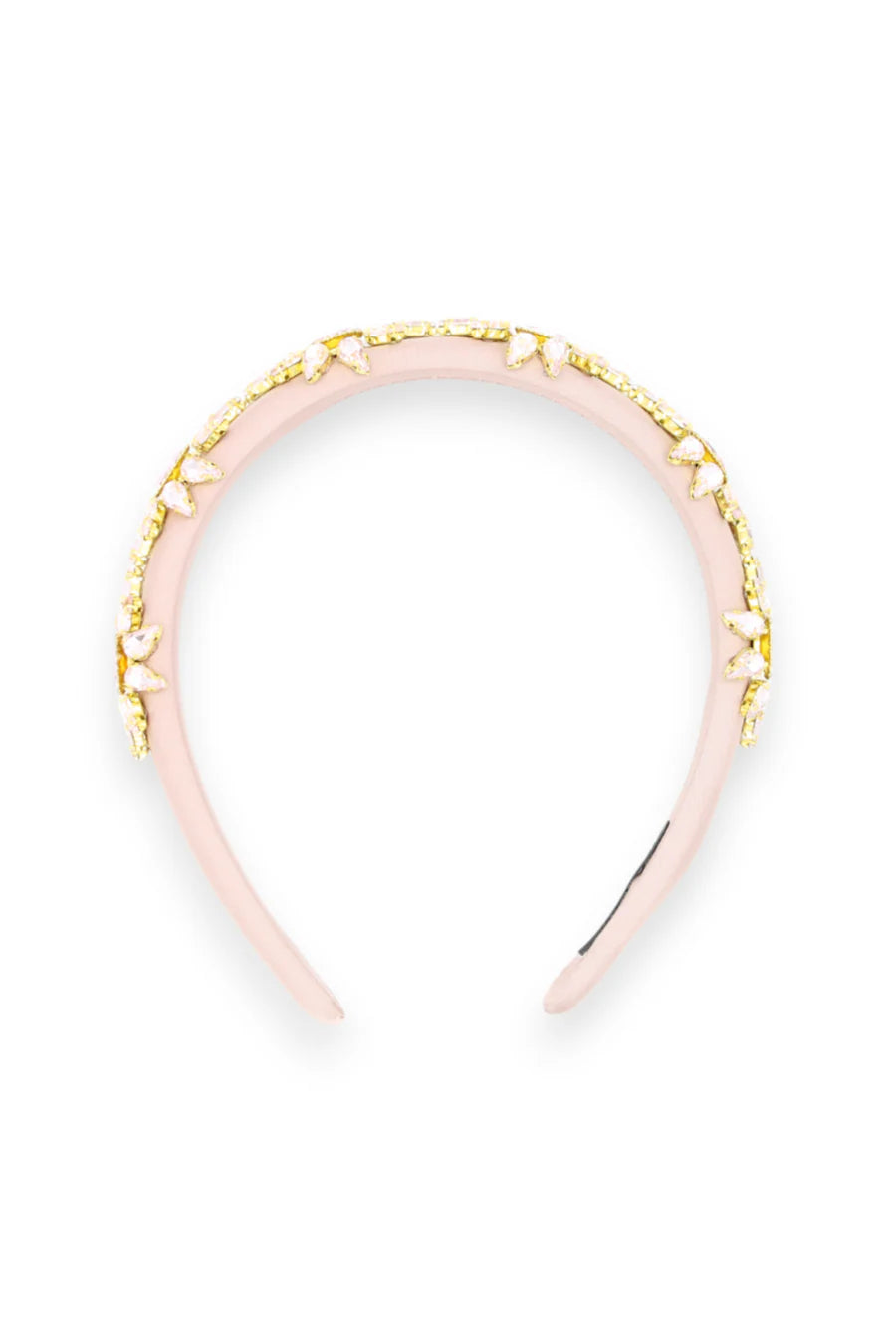 Pink headband with gold chain details on a white background