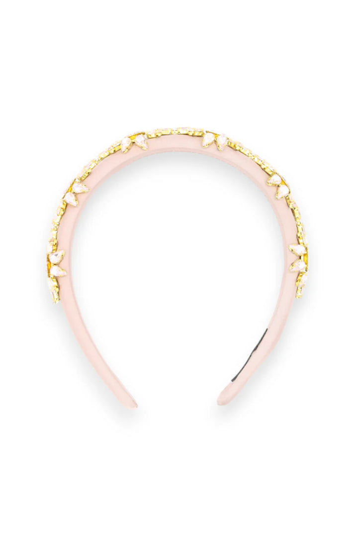 Pink headband with gold chain details on a white background