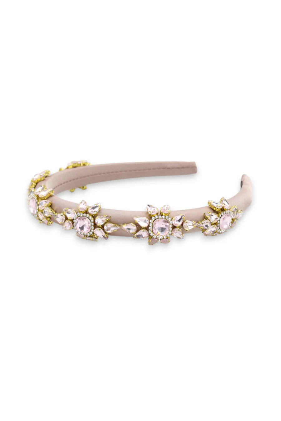 Decorative headband with floral and pearl details on a white background