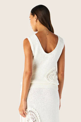 Woman wearing a white sleeveless top with lace details on a light pink background
