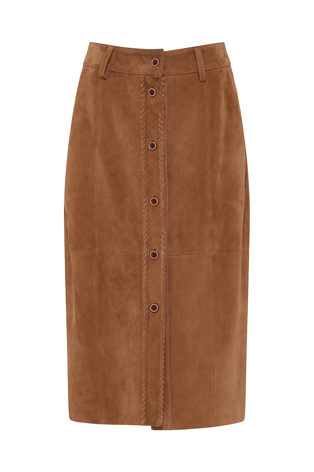 A brown suede pencil skirt with a button-front closure and contrast stitching, shown against a plain white background.