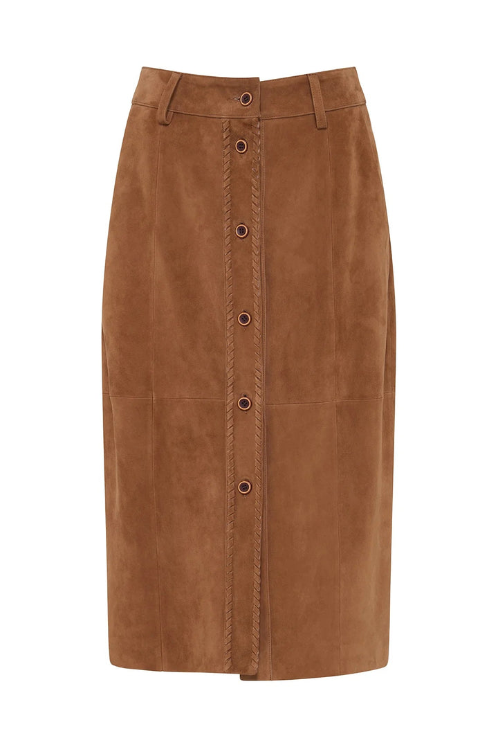 A brown suede pencil skirt with a button-front closure and contrast stitching, shown against a plain white background.