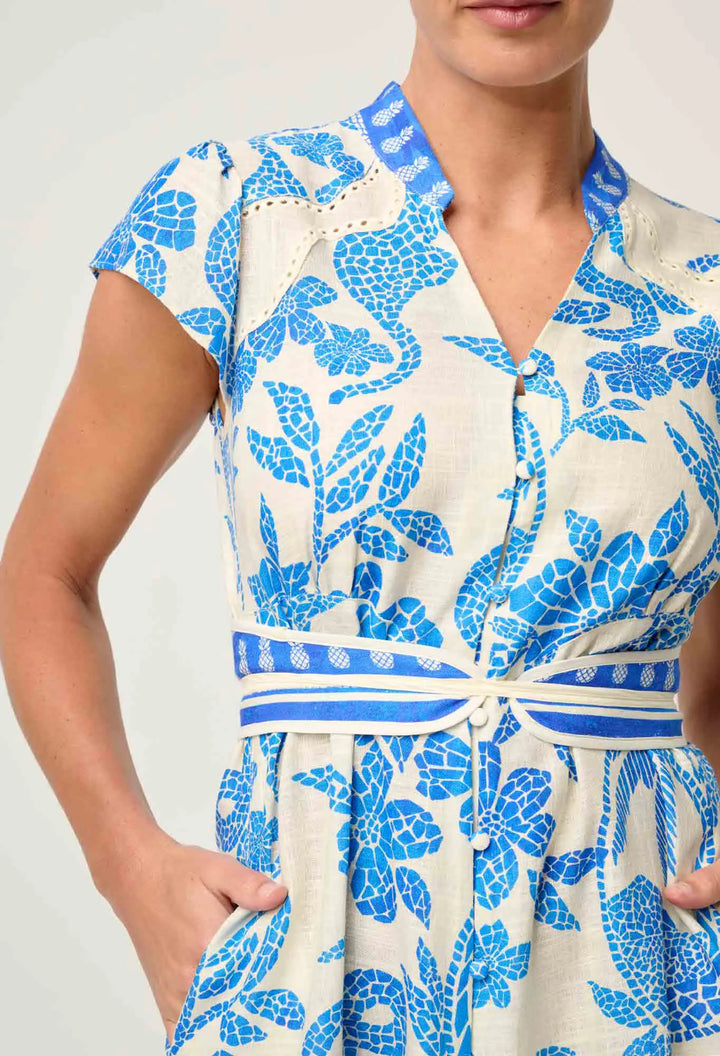 Adriana Contrast Embroidered Dress - Azure Mosaic