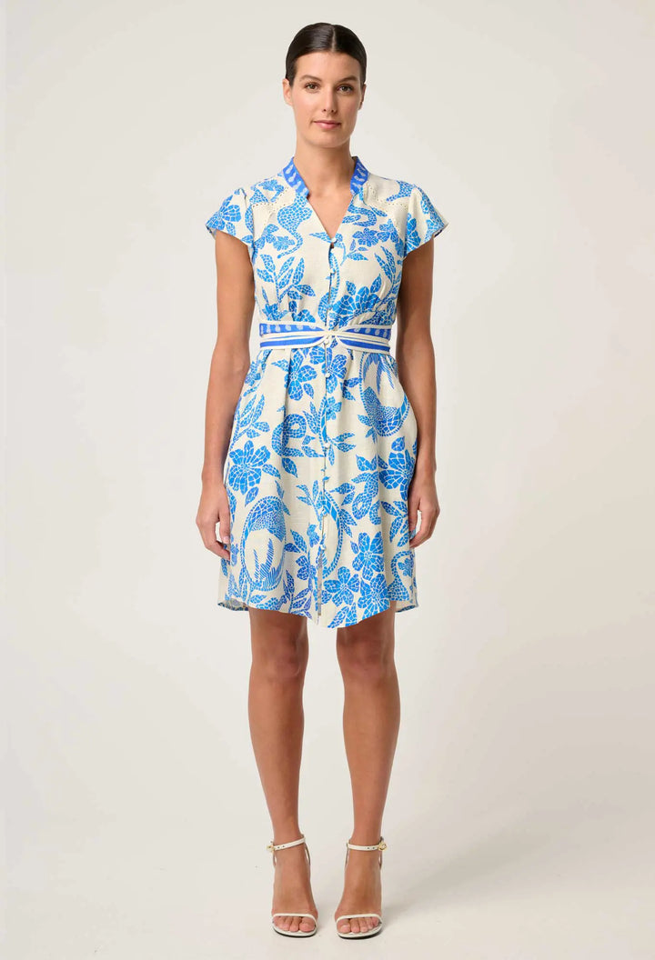 Adriana Contrast Embroidered Dress - Azure Mosaic