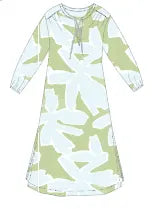 Green and white patterned dress with a bow detail on a plain background