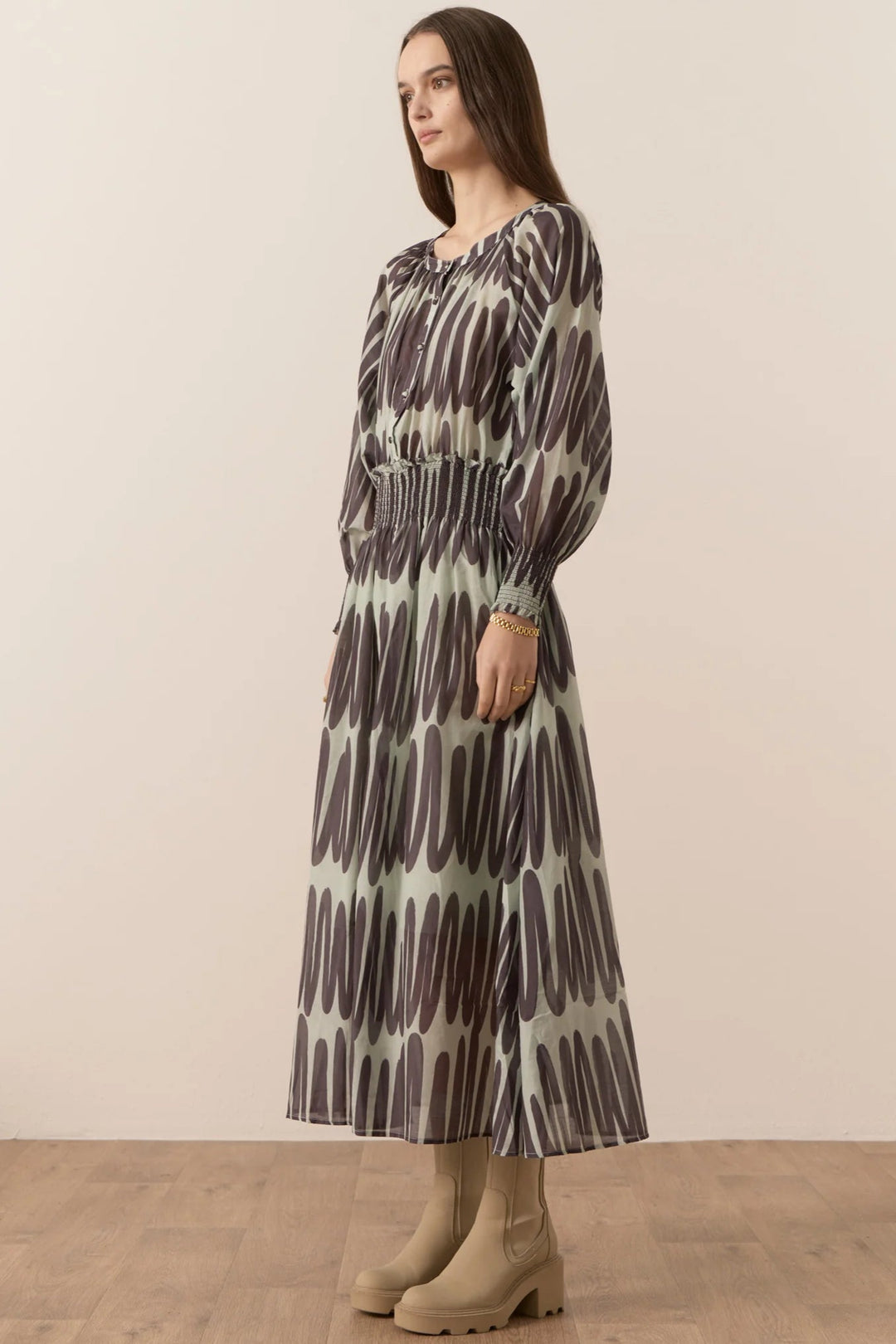 Quill Shirred Dress - Quill Print