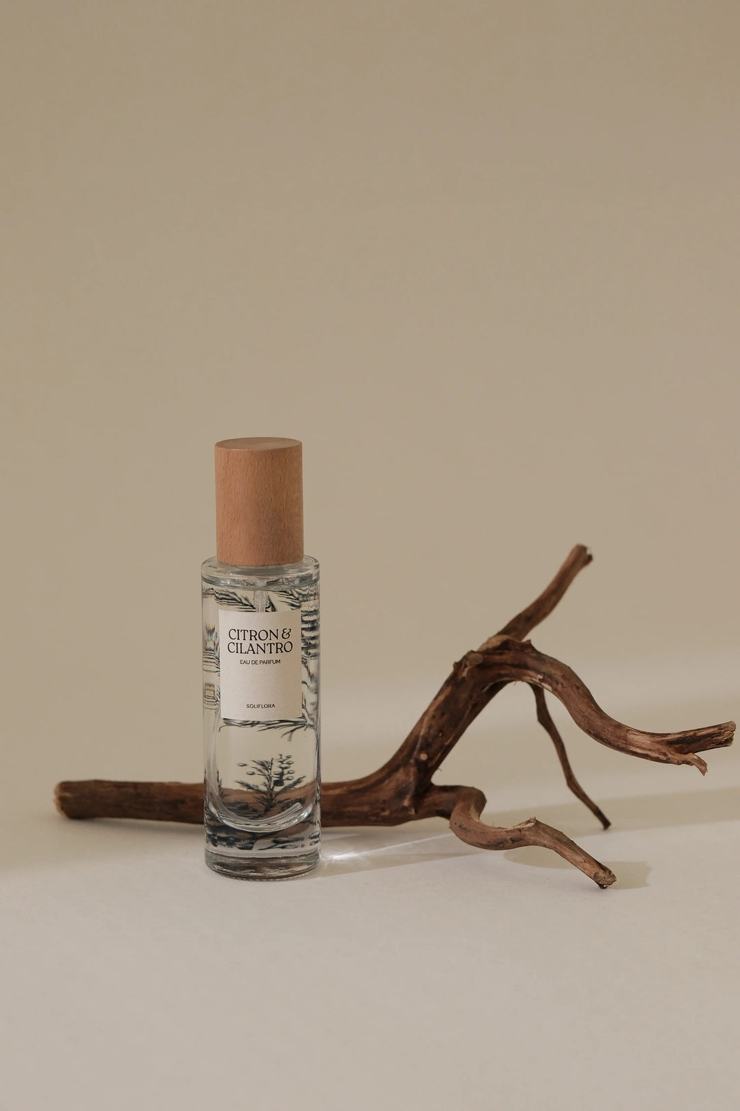 A clear glass roll-on bottle with a natural cork cap and a label reading 'Citronel Odorifer' and 'CITRONEL OLIOUS', styled on a beige surface with a piece of driftwood against a solid beige background.