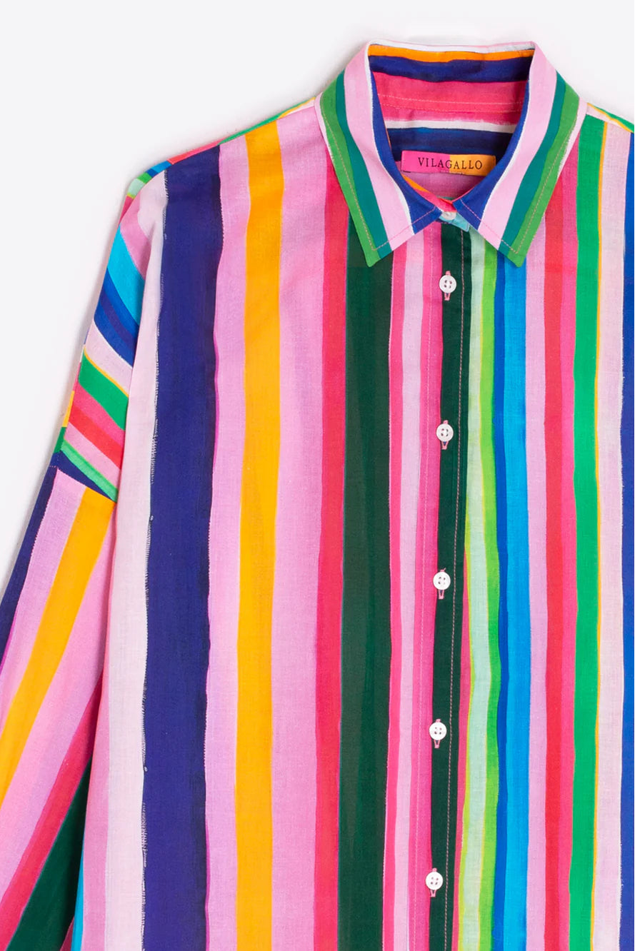 Colorful striped shirt with a brand label on a white background