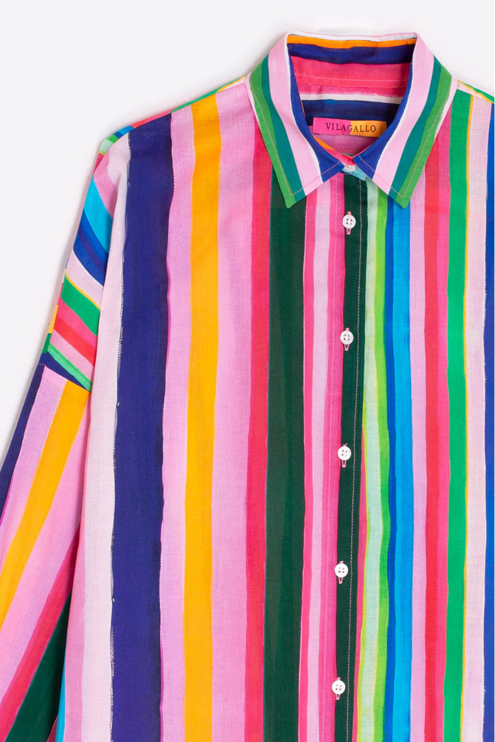 Colorful striped shirt with a brand label on a white background