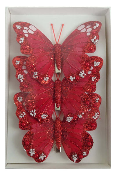Feather Butterfly 3 Pack Christmas Decoration - Red White
