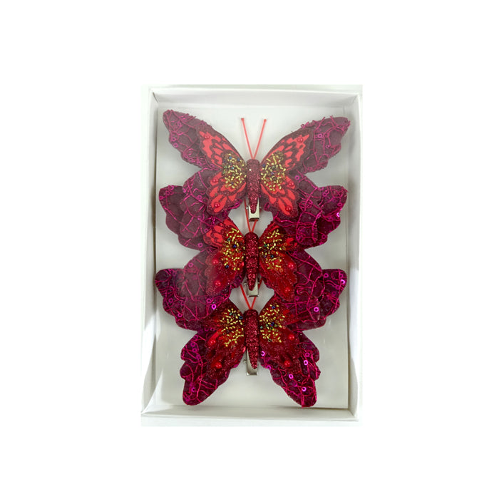 Feather Butterfly 3 Pack Christmas Decoration - Burgundy