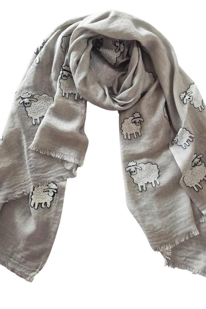 Gray scarf with sheep patterns on a white background
